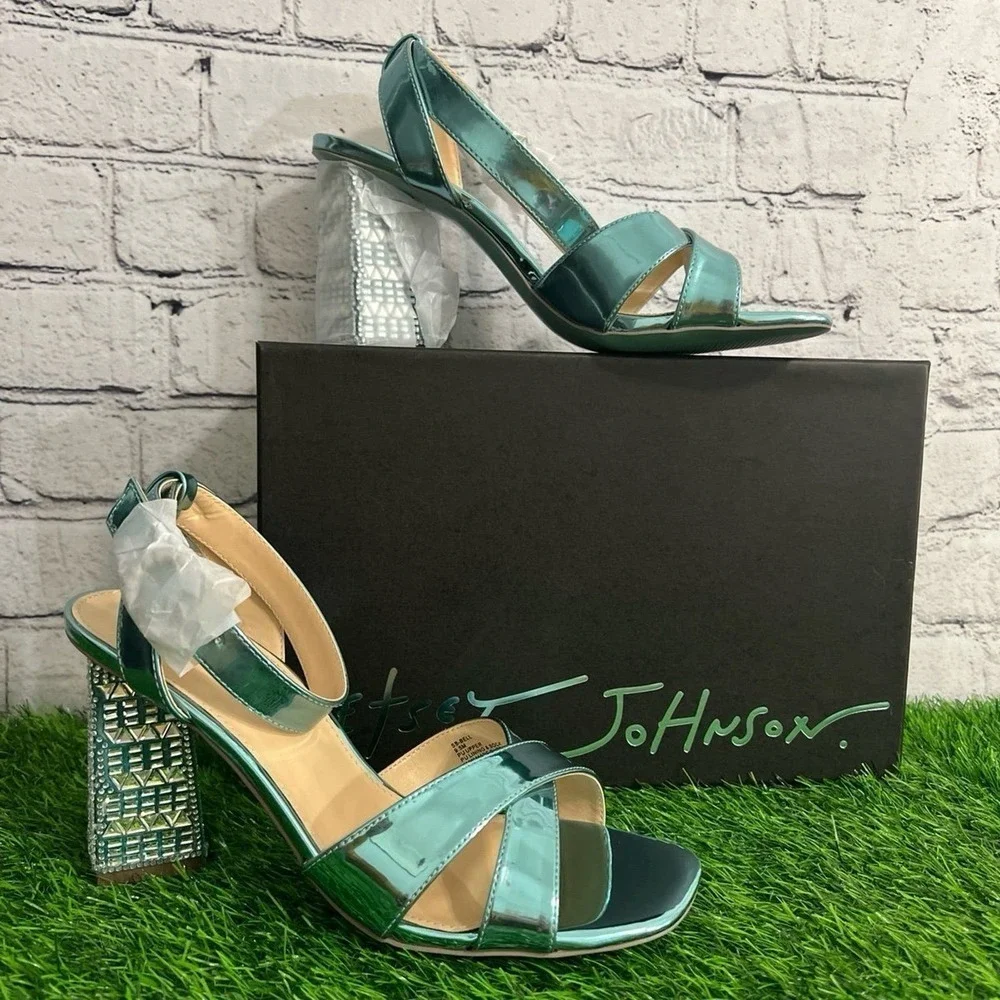 Betsey Johnson Metallic SB Bell Teal Cross Front Embellish Sandals Size 9.5 - Picture 3 of 11